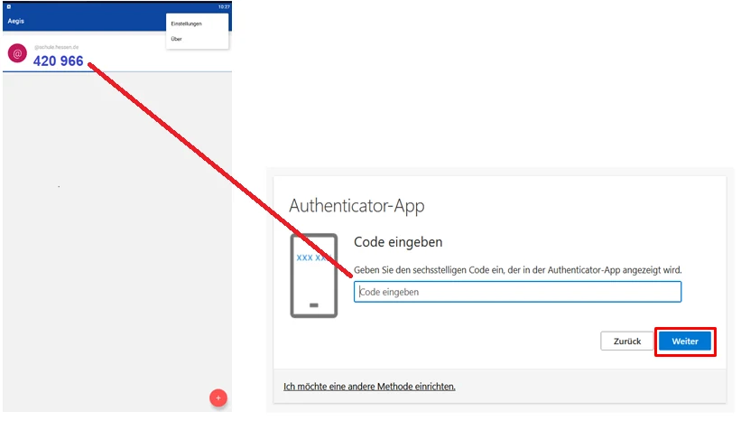 Aegis mit Einmalcode und Schul-ID-Hessen-Weboberfläche zum Test des Codes.