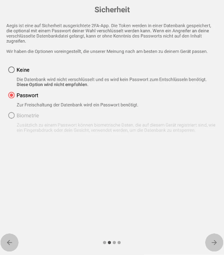 Aegis-Einrichtung mit ausgewählter Sicherheitsoption Passwort.