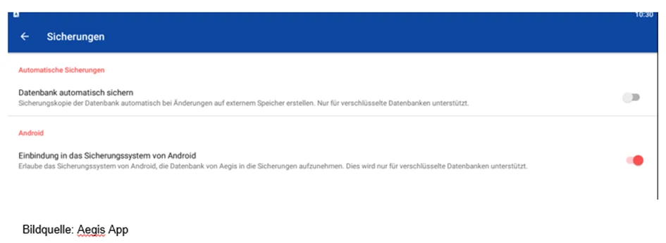 Aegis-Einstellungen für automatische Sicherungen und Android-Sicherung.