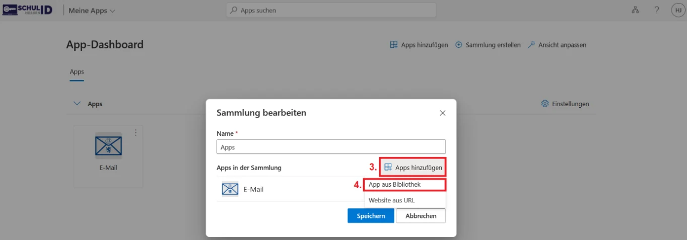 Dialog Sammlung bearbeiten mit den Schaltflächen Apps hinzufügen und App aus Bibliothek.