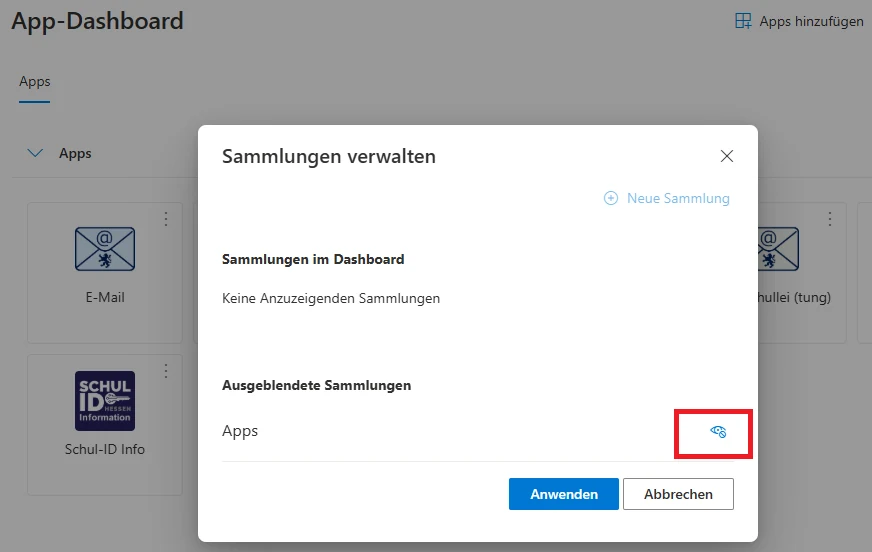 Dialog Sammlungen verwalten mit der ausgeblendeten Sammlung Apps und Augen-Symbol.