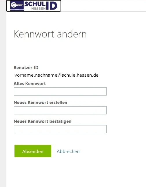 Maske Kennwort ändern mit Eingabefeldern für das neue persönliche Kennwort.