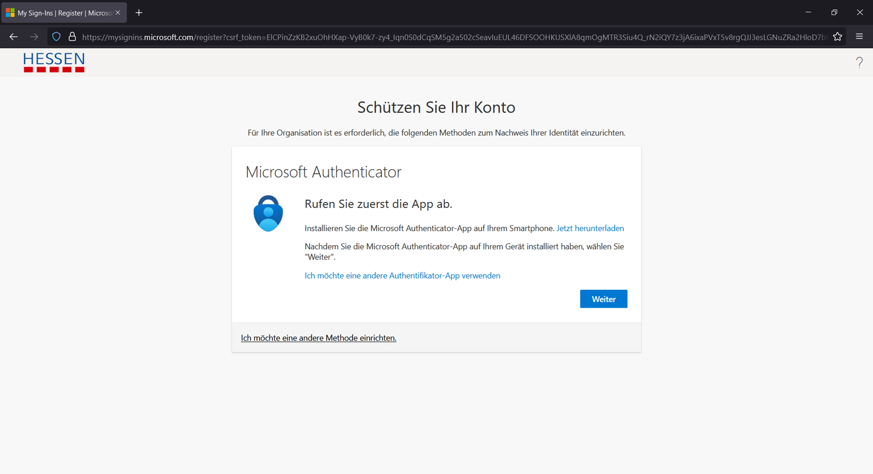 Seite Schützen Sie Ihr Konto zum Start der Einrichtung von Microsoft Authenticator.