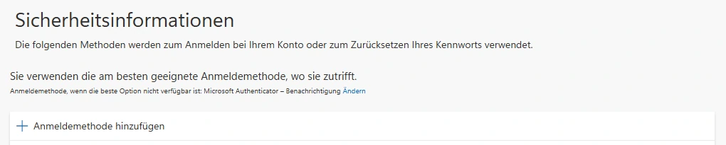 Aktuelle Seite Sicherheitsinformationen mit der Schaltfläche Anmeldemethode hinzufügen.
