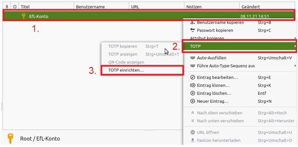 KeePassXC-Kontextmenü mit TOTP und TOTP einrichten.