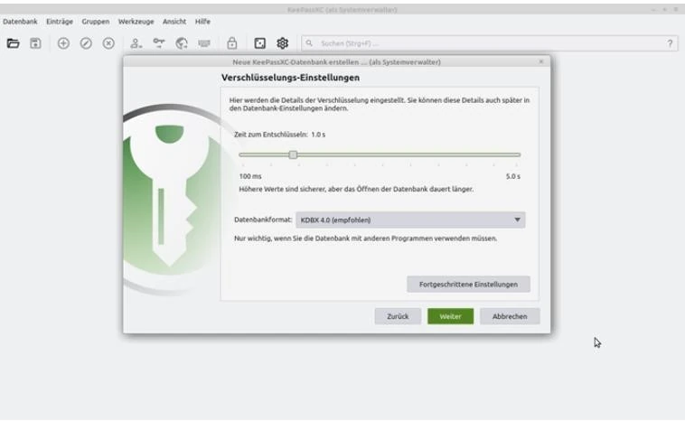 KeePassXC-Dialog Verschlüsselungs-Einstellungen.