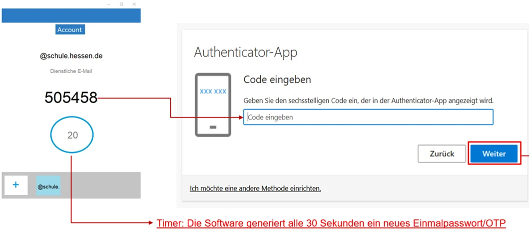 Oracle Mobile Authenticator mit Einmalcode und Schul-ID-Hessen-Weboberfläche zum Test des Codes.
