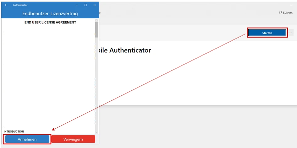 Oracle Mobile Authenticator mit Lizenzdialog und Schaltfläche Annehmen.