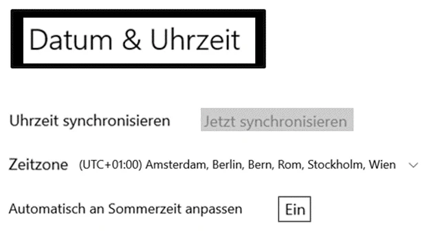 Windows-Einstellungen für Datum und Uhrzeit mit Synchronisierung, Zeitzone und Sommerzeit.